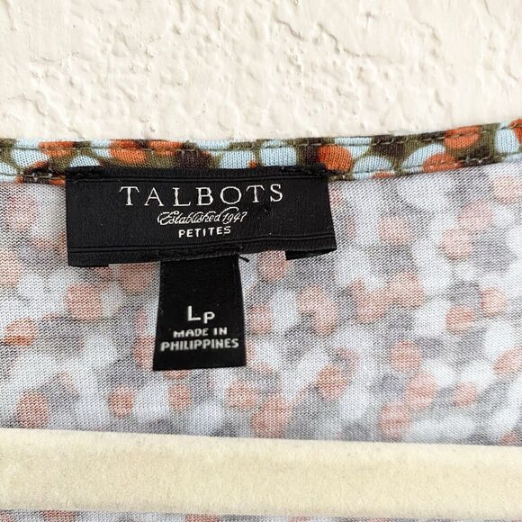 Talbots Faux Wrap Dotted Blue Brown Orange Blouse Long Sleeve Petite Large Top - Picture 3 of 9